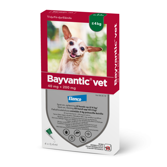 BAYVANTIC VET ENINTÄÄN 4 KG PAINAVILLE KOIRILLE 40/200 mg paikallisvaleluliuos 4x0,4 ml