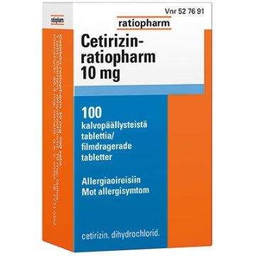 CETIRIZIN-RATIOPHARM 10 mg tabl, kalvopääll 100 fol