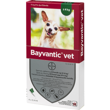 BAYVANTIC VET ENINTÄÄN 4 KG PAINAVILLE KOIRILLE 40/200 mg paikallisvaleluliuos 4x0,4 ml