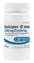 KALCIPOS-D MITE 500 mg/5 mikrog tabl, kalvopääll 120 kpl